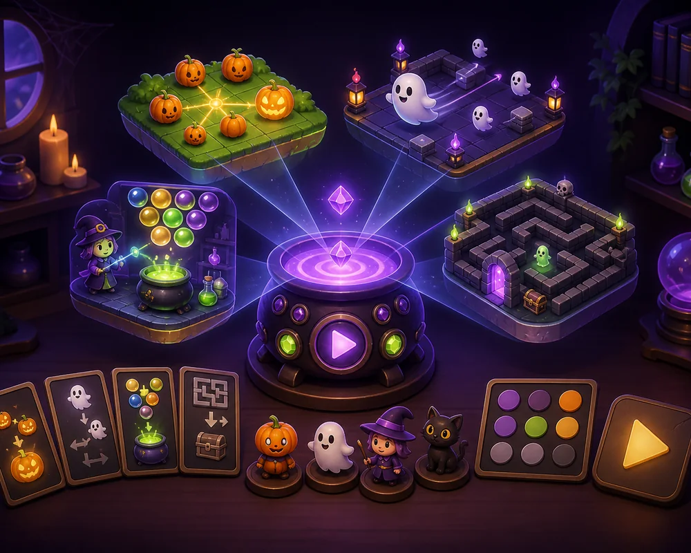 Halloween game creator workspace with pumpkin, ghost, witch, and candy templates
