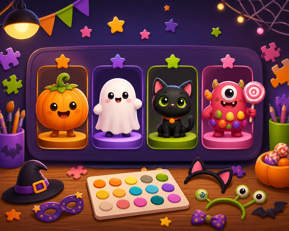 Cute Halloween game creator with colorful character and costume choices
