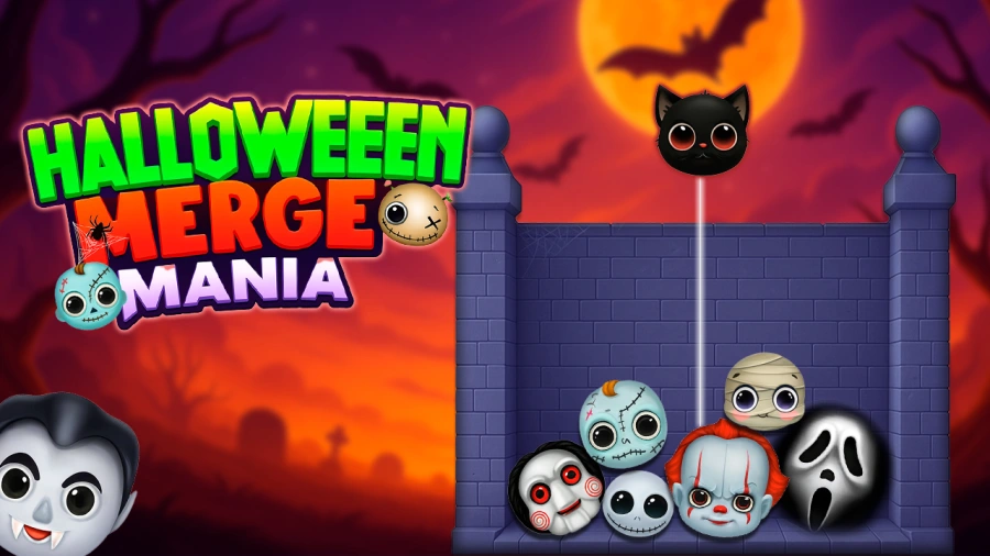 Halloween Merge Mania game with pumpkin mummy and vampire pieces