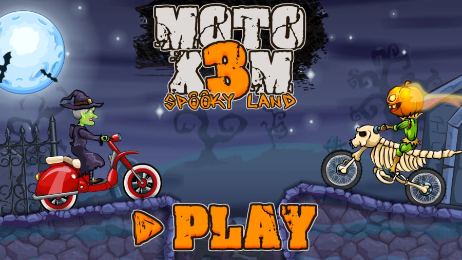 Moto X3M Spooky Land motorcycle racing across a Halloween track