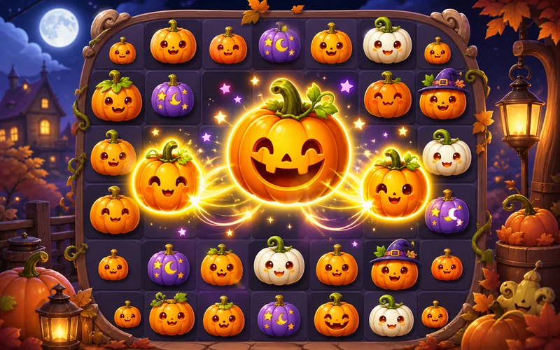 Pumpkin Merge Halloween browser game with stacked jack-o-lanterns