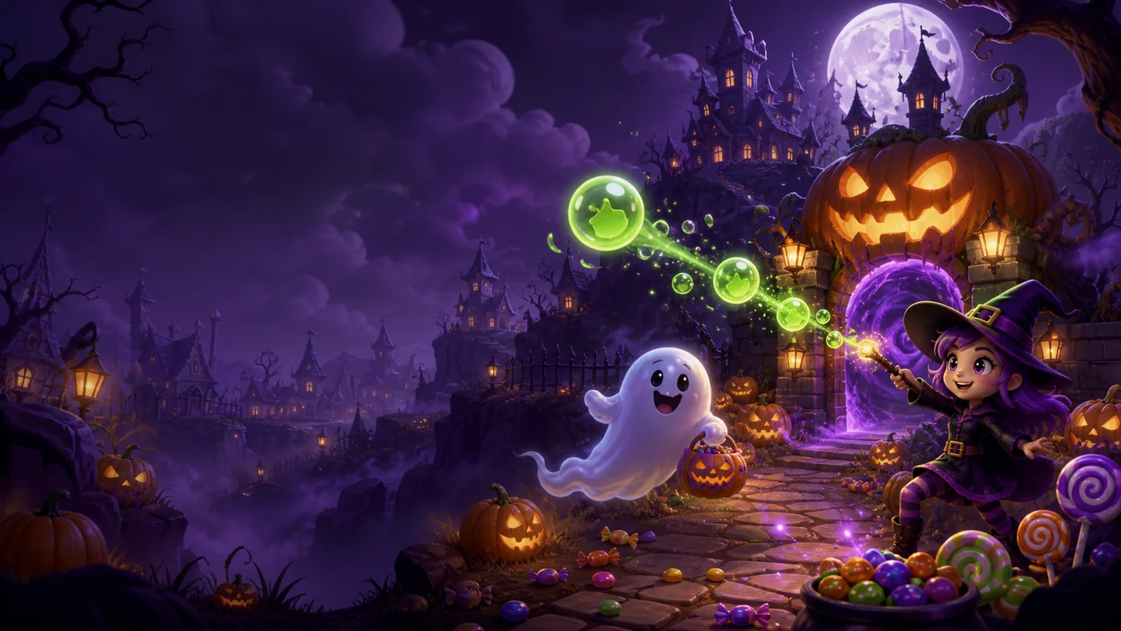 Halloween game world with a glowing pumpkin arcade, friendly ghosts, and a haunted manor