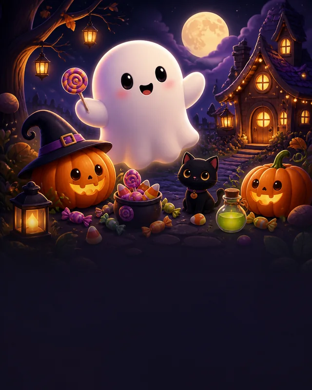 Cute friendly ghosts and smiling pumpkins in a cozy Halloween scene