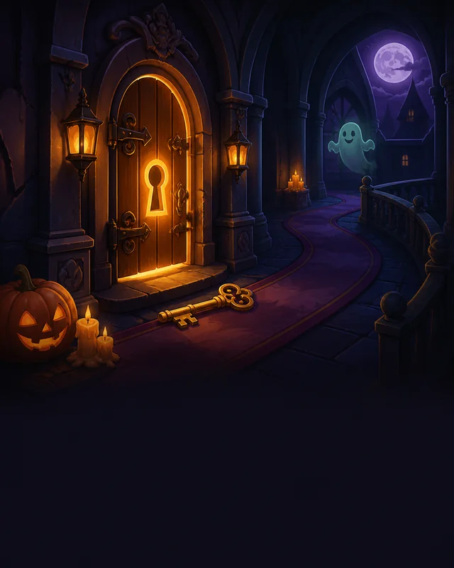Cartoon haunted manor hallway with clues and a glowing doorway