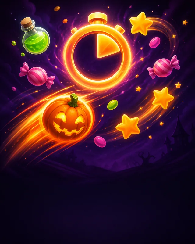 Fast Halloween arcade scene with candy, stars, and a timer