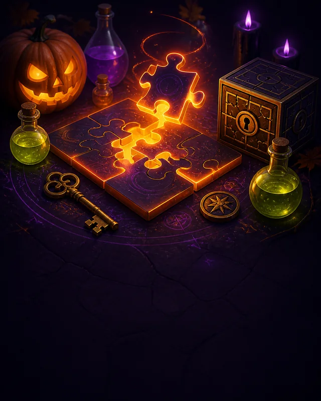 Halloween puzzle pieces, potion bottles, and glowing runes