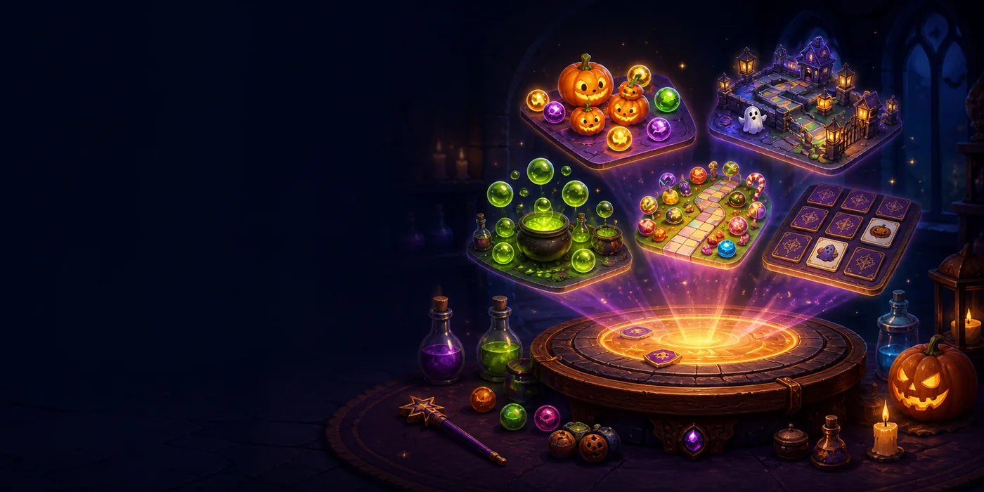 Halloween game idea workshop with game cards, pumpkins, potions, and a glowing computer
