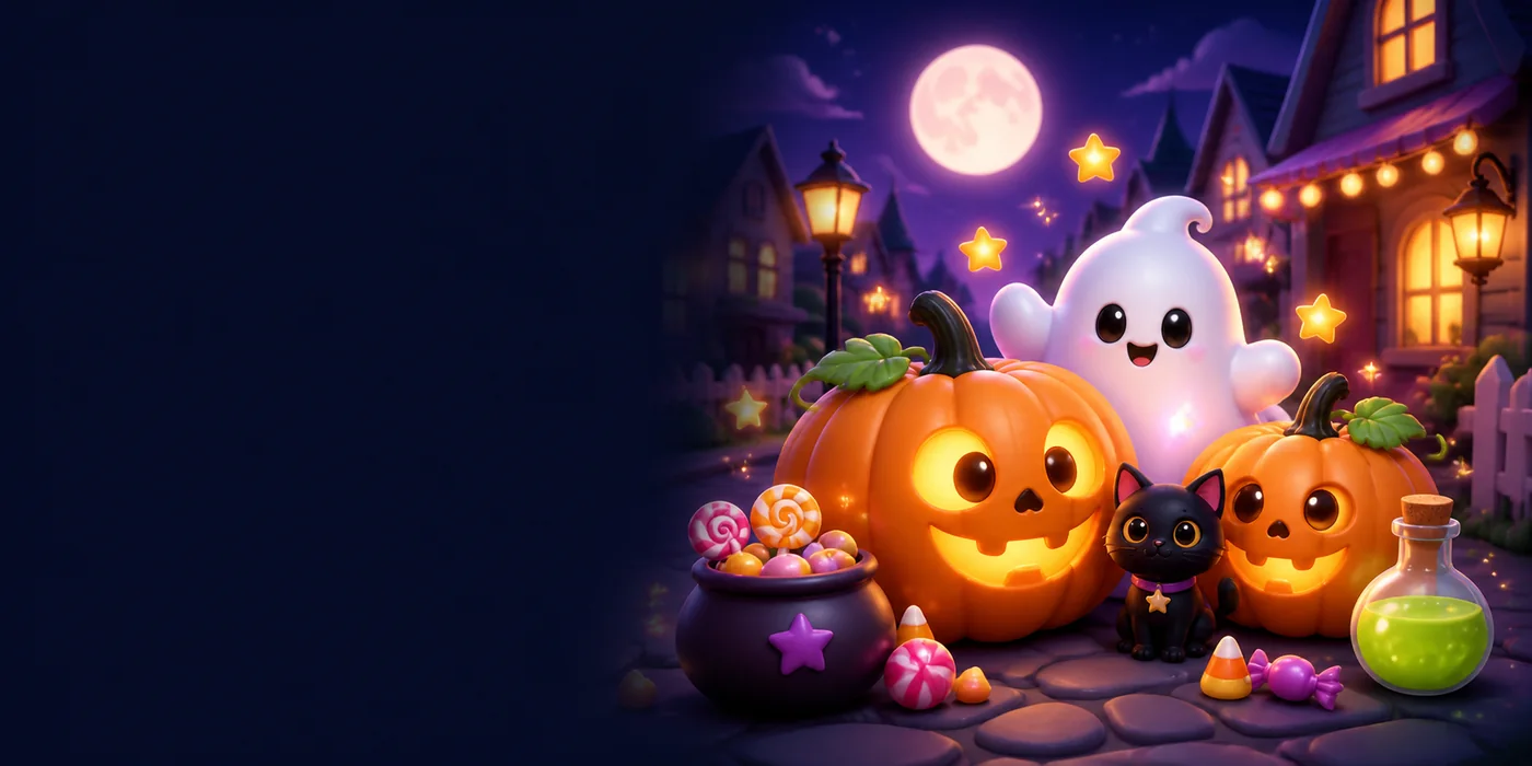 Friendly Halloween game scene for kids with cute ghosts, candy, and smiling pumpkins
