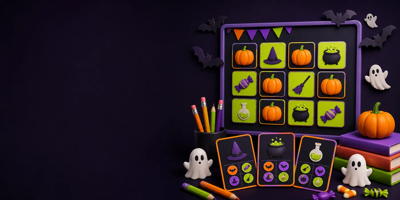 Halloween classroom activity with a friendly game projected on a screen