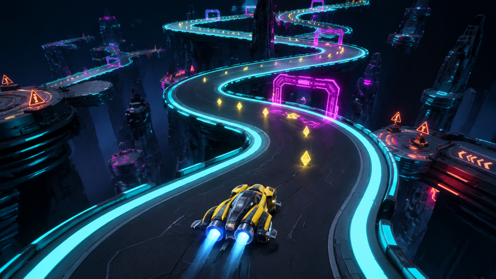 Tutorial concept art showing a vehicle on a winding neon Crazy Curve track