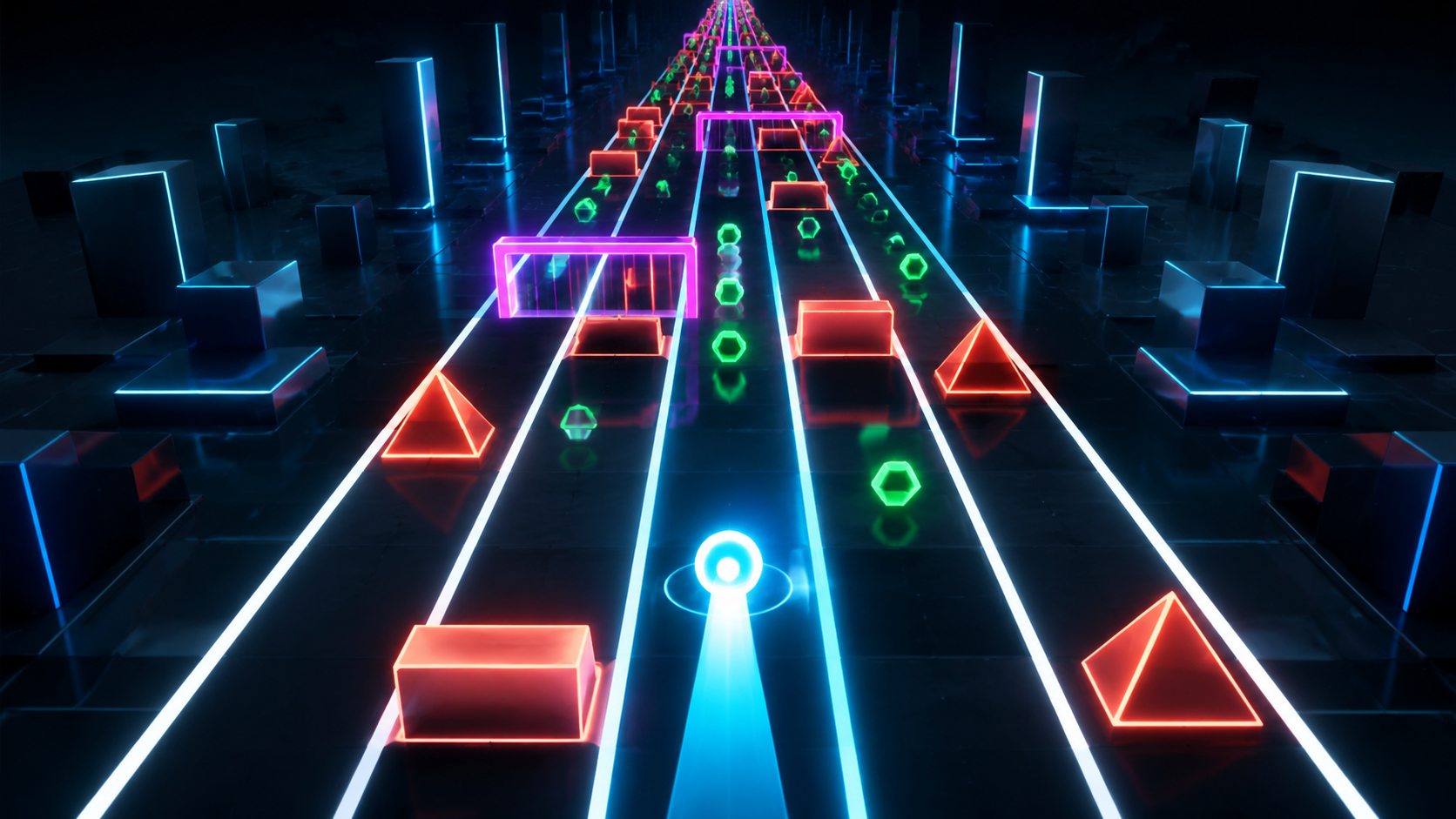 Tutorial concept art showing a glowing lane runner with gates and obstacles